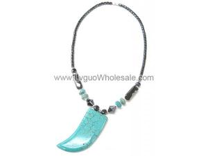 Big White Turquoise flat horn Pendant Hematite Necklace